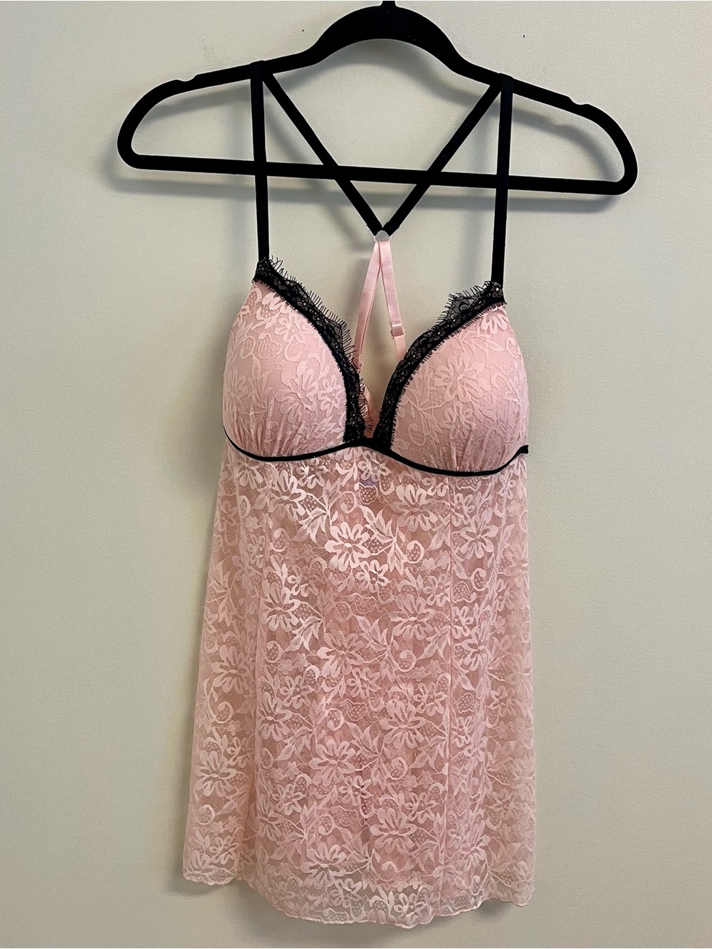 Coquette Fairy Lace Babydoll Slip Dress Nightie Pink with Black Trim Sz M (8-10)